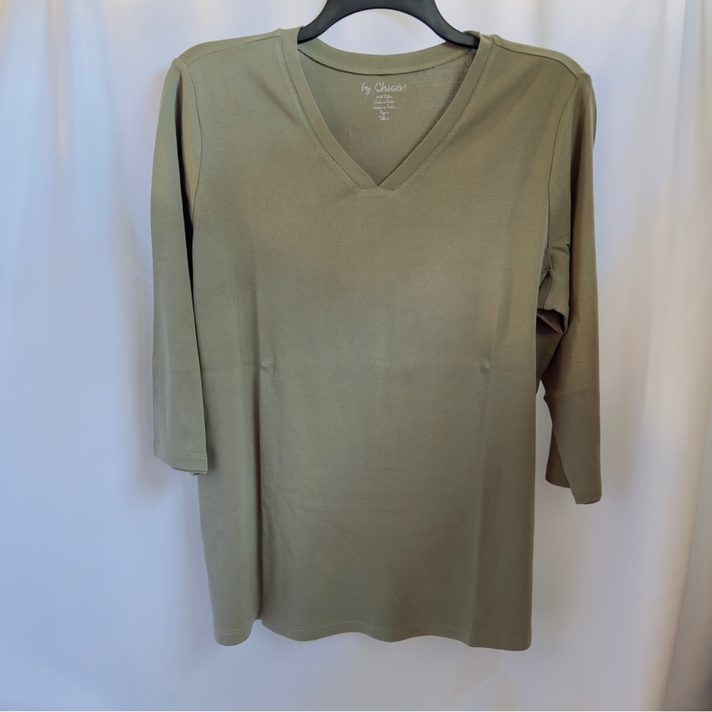 NWT Chico's Jade V-Neck 3/4 Sleeve 3/4 Top Basic Fatigue Green SZ 4 or 2XL 100%